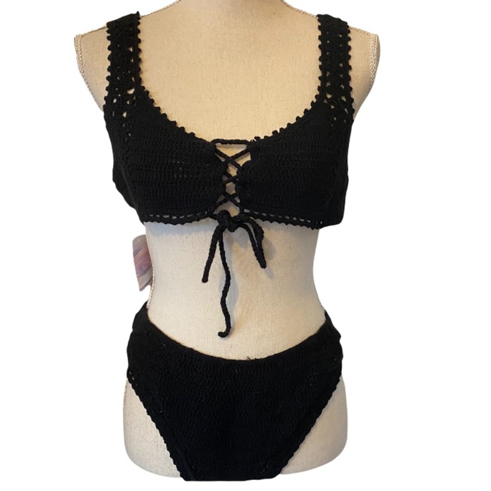 NWT forever 21 crochet lace up sheer side bikini cottage core swimsuit